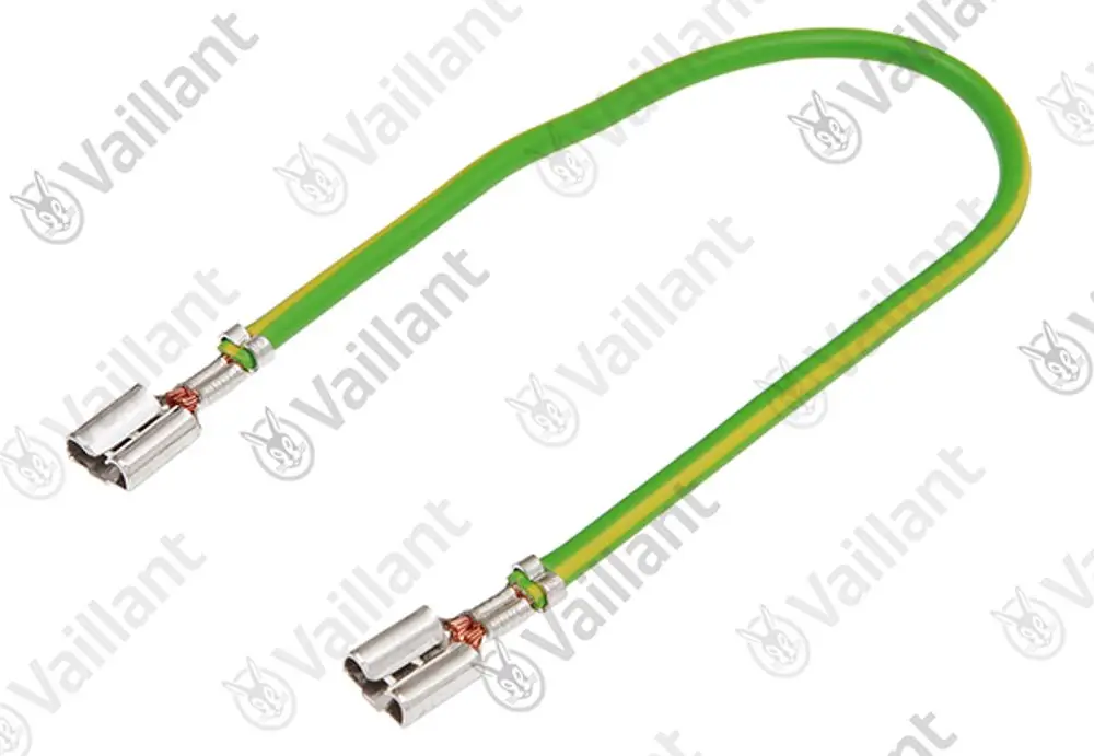 Vaillant Kabel mit zwei Anschlussklemmen, grün-gelbes isoliertes Kabel, geeignet für elektrische Verbindungen in Heizungsanlagen.